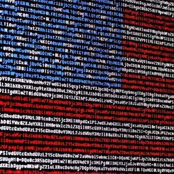Illustration shows American flag superimposed over computer code.