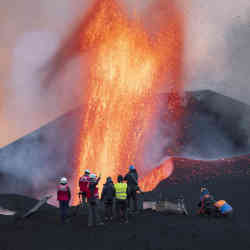 Scientists take geophysical measurements on the Canary Island of La Palma, Spain