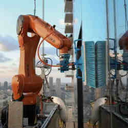 A robotic window washer at work. 