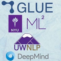 A grouping of organizational logos related to the GLUE AI benchmark.