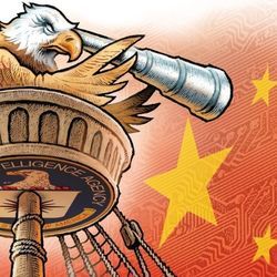 Illustration shows an eagle, representing USA, in a crow's nest spying on China.