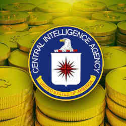 The logo of the CIA over a pile of bitcoins.