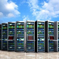 Illustration shows a row of standing servers with a cloud background.