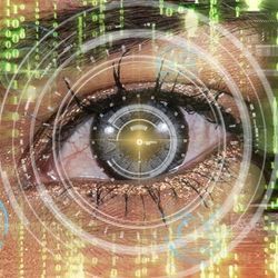 Illustration shows an eye behind data, representing security and surveillance.