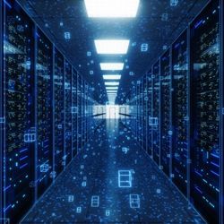 Illustration shows futuristic data center with servers.