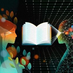 Illustration shows human and AI attempting to share knowledge.