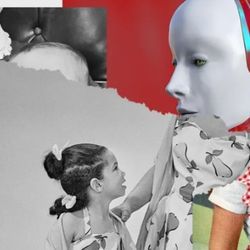 Mixed media image shows a child being taken care of by a robot nanny.