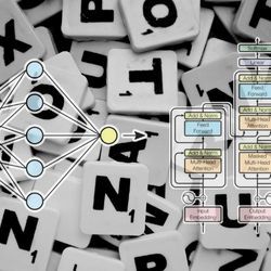 Illustration shows AI language models superimposed over Scrabble tiles.