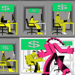 workers at desks with variously sized dollar signs suggesting different salaries, illustration