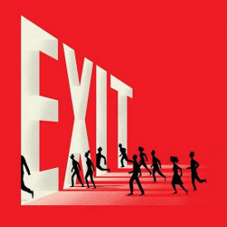 figures moving towards an oversized 'Exit' sign, illustration