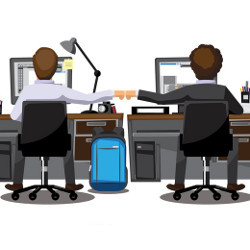 two workers at computer screens fist bump, illustration