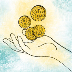 bitcoins and an open hand, illustration