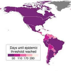 The number of days since the emergence of the first cases in China on Dec. 31, 2019, until the cumulative number of deaths in each country surpassed 10. Countries with darker colors passed the threshold earlier than lighter-colored countries. 