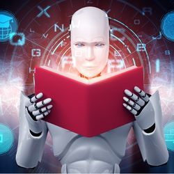 Illustration shows a futuristic robot reading a book.