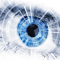 Illustration of an eyeball with digital/computing elements. 