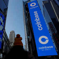 A display in Times Square when Coinbase, a cryptocurrency exchange, had its initial public offering in April.