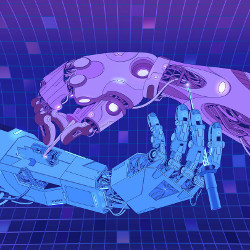 two robot hands apply tools to each other, illustration