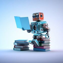 A illustration shows a robot reading a book while sitting on a stack of books.