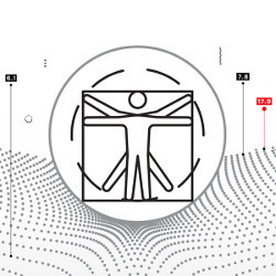 line drawing of da Vinci's Vitruvian Man on a landscape of dots