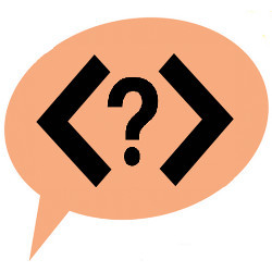 question mark inside coding brackets in a word balloon