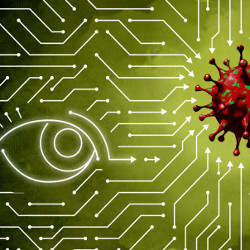 circuit board with COVID molecule and eye-shaped traces, illustration