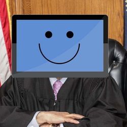 Illustration shows an emoji smiley face on a computer monitor in place of a judge's head.