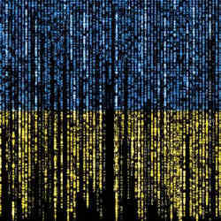 A part of the flag of Ukraine, made from stylized computer code.