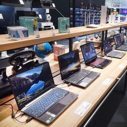 A Russian electronics store displays laptops.