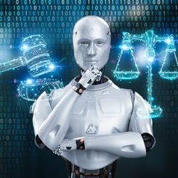 3D rendering of an AI/robot and law scale and gavel judge