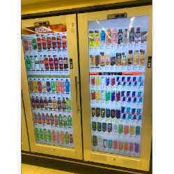 Displays on refrigerated case doors shown at a Walgreens in Bridgeview, IL.