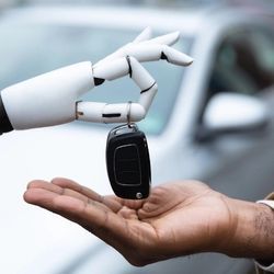 Robot hand gives set of car keys to human hand.