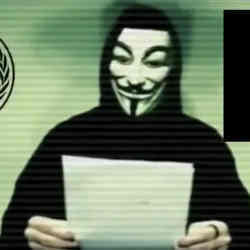 A man wearing a mask associated with the hacking collective Anonymous.