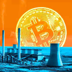 An image of a bitcoin, hovering over a power plant.