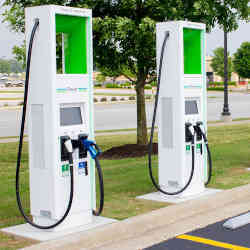 Electric vehicle charging stations at a Walmart store. 