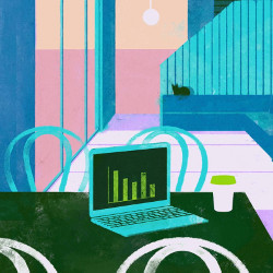 open laptop computer and a coffee cup on a table, illustration