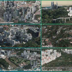 A collage of 3-D reality mesh images of Singapore