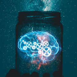 Illustration of a brain with gears inside a jar.