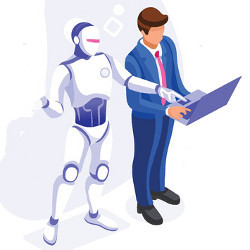 humanoid robot points at office worker's laptop computer