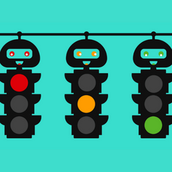 Illustration shows three traffic lights, each with a different color illuminated.