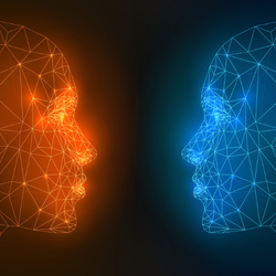 Illustration shows two digital heads, in profiles, looking at each other.
