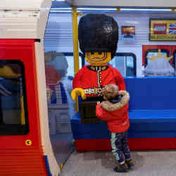 A Tube train carriage built from Lego bricks at a Lego store in London. 