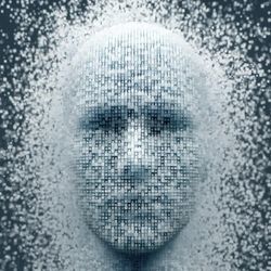 Futuristic face emerges from data.