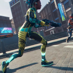 characters running on a rooftop in a scene from Ubisoft's Hyper Scape videogame