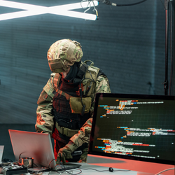 Soldier in fatigues conducts cyberwarfare from a laptop.