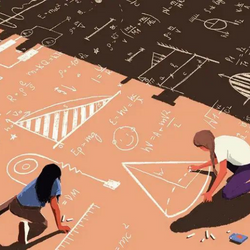 Illustration shows two girls drawing various science-related items, including equations, formulas, and geometric shapes, in chalk on a playground