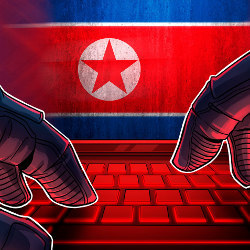 North Korea flag and hands hover over red keyboard, illustration