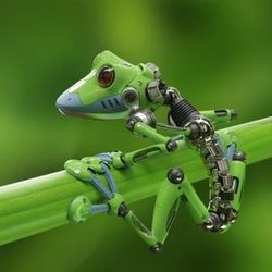 A green, robotic tree frog hangs onto a grassy reed.
