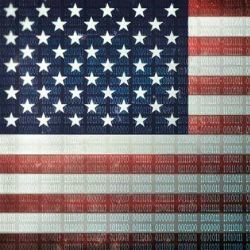 An American flag superimposed over 1s and 0s.