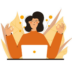 businesswoman meditating at a computer, illustration