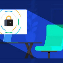 cyber lock on a display screen next to an empty chair, illustration